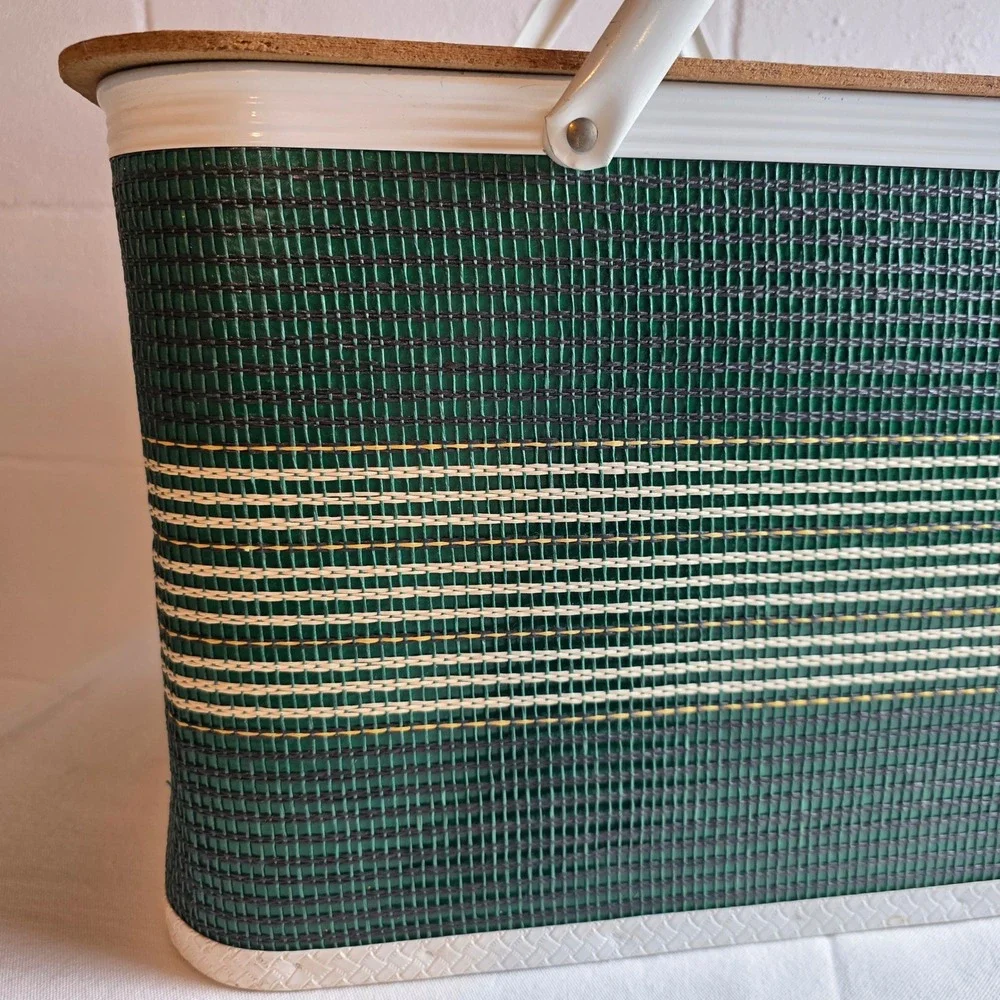 Vintage Redmon Woven Vinyl Picnic Basket Green Striped Retro MCM
